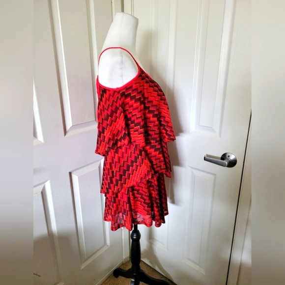 VaVa by Joy Han | Cute Red Sleeveless Chevron Tiered Flouncy Ruffle Dress - Picture 3 of 13